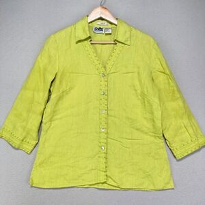 Irish Linen Shirt Blouse Womens‎ M Green Button Up Beaded 100% Linen